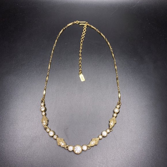 1928 Art Deco Style Necklace Gold Tone Clear Rhinestone Bar Link Dainty Elegant - Picture 5 of 8